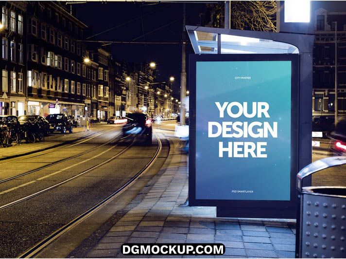 Glowing Bus Shelter Ad Mockup in a Dynamic City Environment Free PSD