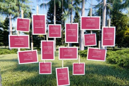 Heart Shaped 15 Hanging Photos in Deep Pine Forest PSD Mockup