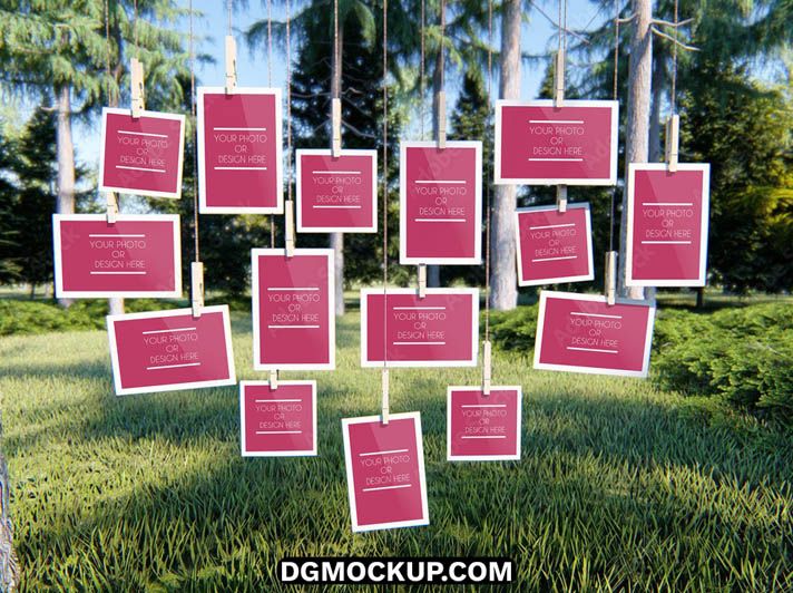 Heart Shaped 15 Hanging Photos in Deep Pine Forest PSD Mockup
