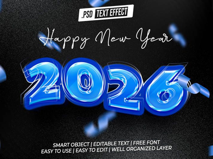 Modern Blue & Silver 2026 New Year Text Effect Free PSD