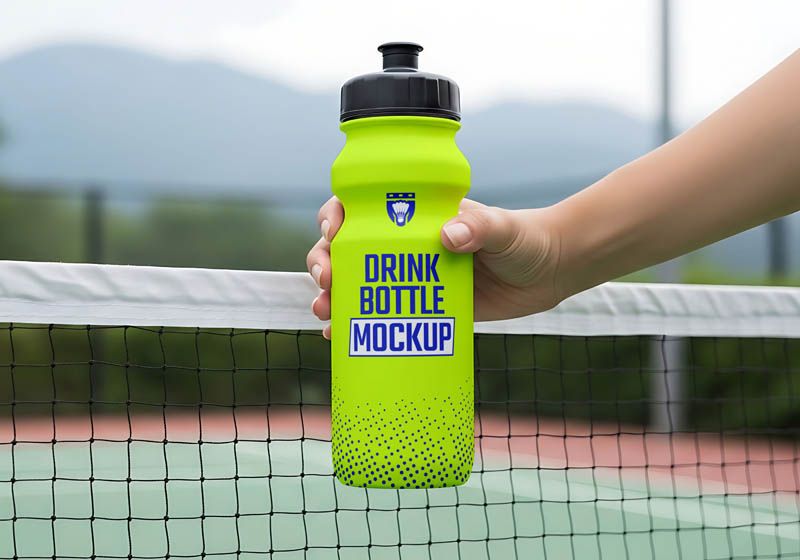 Sports Drink Bottle Mockup on Tennis Court Free PSD